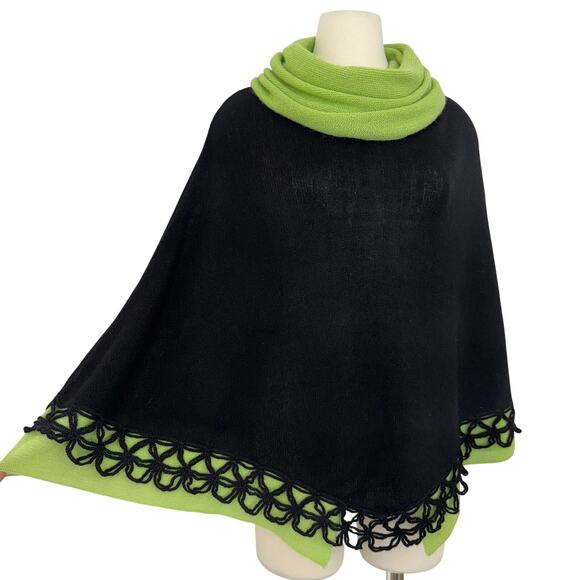Peru Etnico Baby Alpaca Wool Knit Turtleneck Poncho Black Green OS - Picture 1 of 10